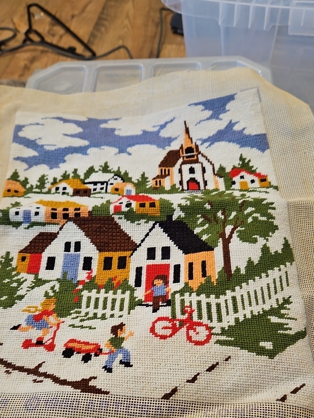 Vintage Cross Stitch Village Wall Hanging - Multicolor